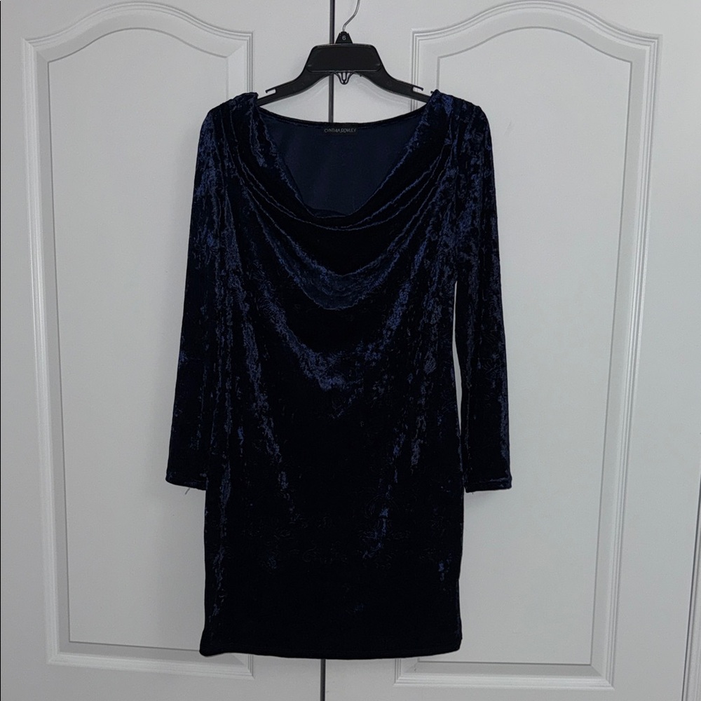 Cynthia Rowley Crushed Velvet Long-Sleeve Dress in Deep Navy